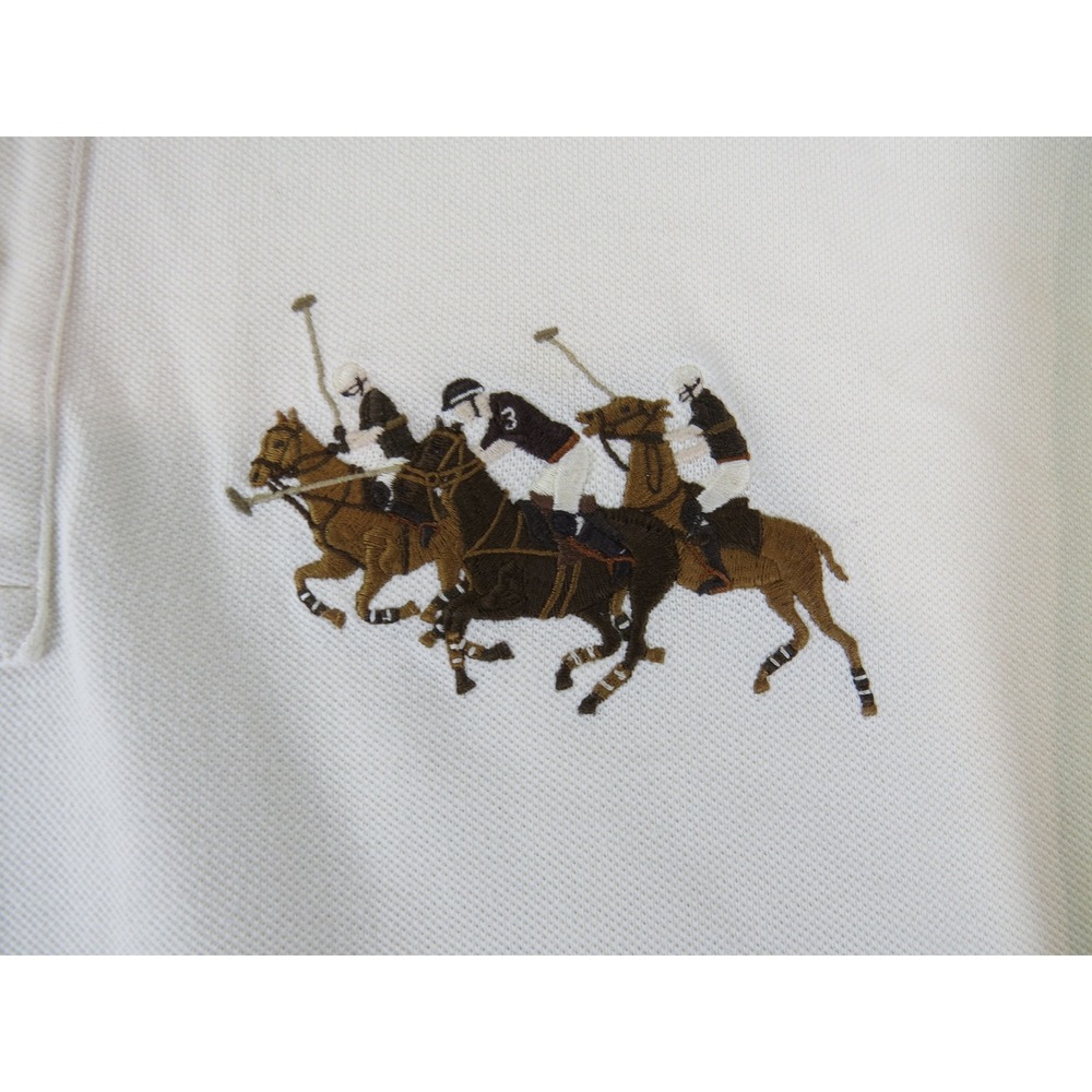 Polo‎ Ralph Lauren XL Big 3 Horsemen Embroidered Polo Shirt Cream Cotton Vintage - Picture 2 of 9